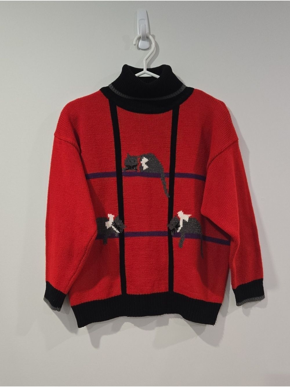 Retro 80's /90's Red Cat-Pattern Turtleneck Beaded Sweater